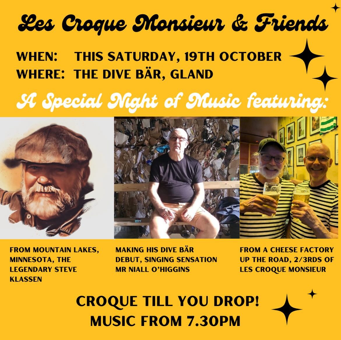 A poster advertising a concert featuring Steve Klassen, Niall O'Higgins and two-thirds of Les Croque Monsieur