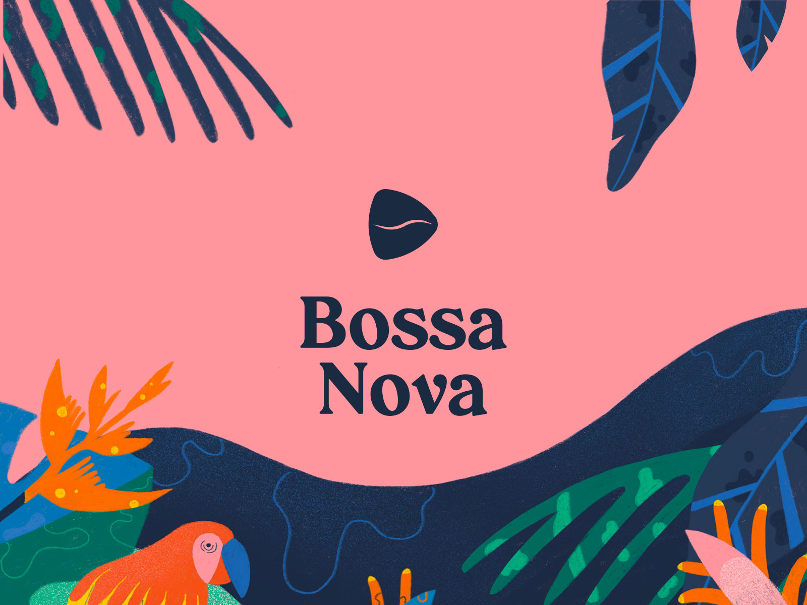 The words "Bossa Nova" in the center on a pink background, surrounded by a tropical theme featuring a parrot and palm trees