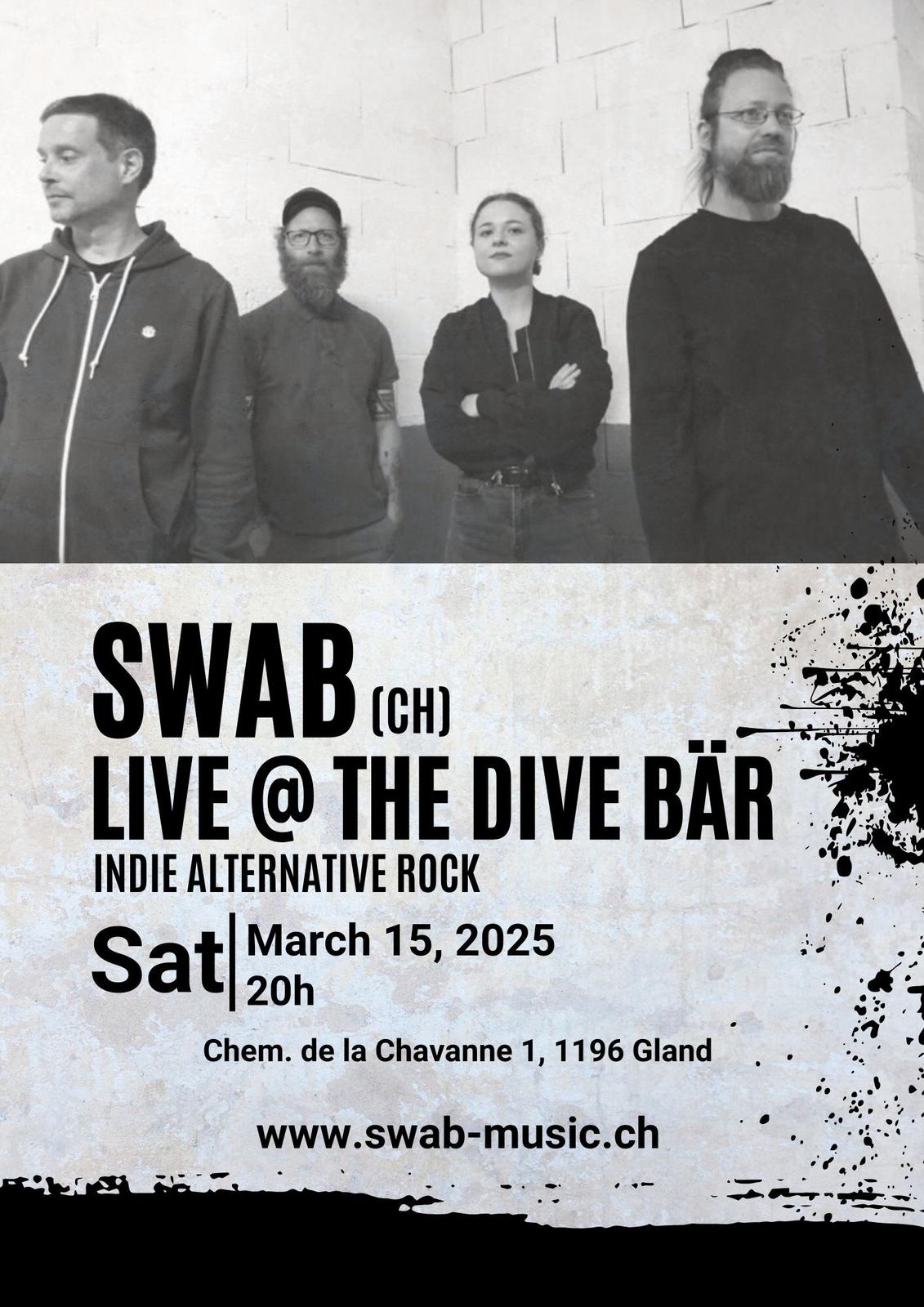 A poster featuring a photo of SWAB's four band members along with information about the concert to be held on 15 March 2025 at 8 p.m. at Dive Bär Craft Brewery & Taproom in Gland