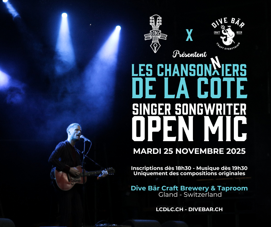A poster announcing the singer-songwriter open mic night hosted by Les Chansonniers de la Côte and Dive Bär Craft Brewery & Taproom to be held on Tuesday 25 November 2025 at 7:30 p.m.